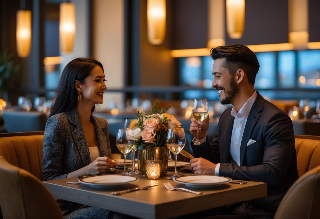 A couple enjoying a romantic dinner at a stylish restaurant with a beautifully set table and warm lighting.