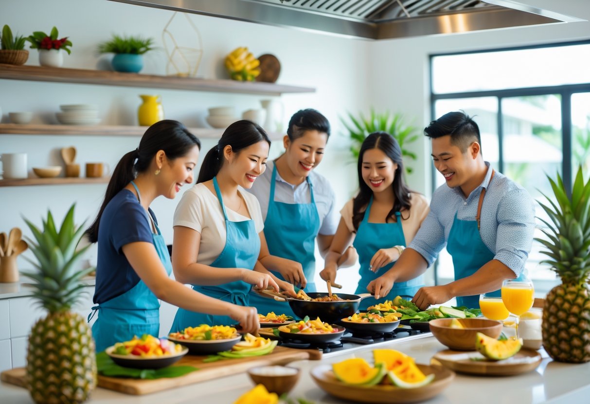 Couples cooking together in a bright kitchen preparing Hawaiian dishes with fresh ingredients and tropical decorations.