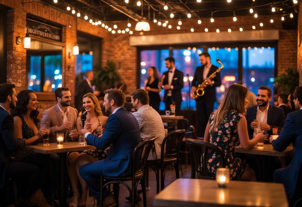 Couples and friends enjoying live jazz music at a cozy lounge with a small stage and warm lighting.
