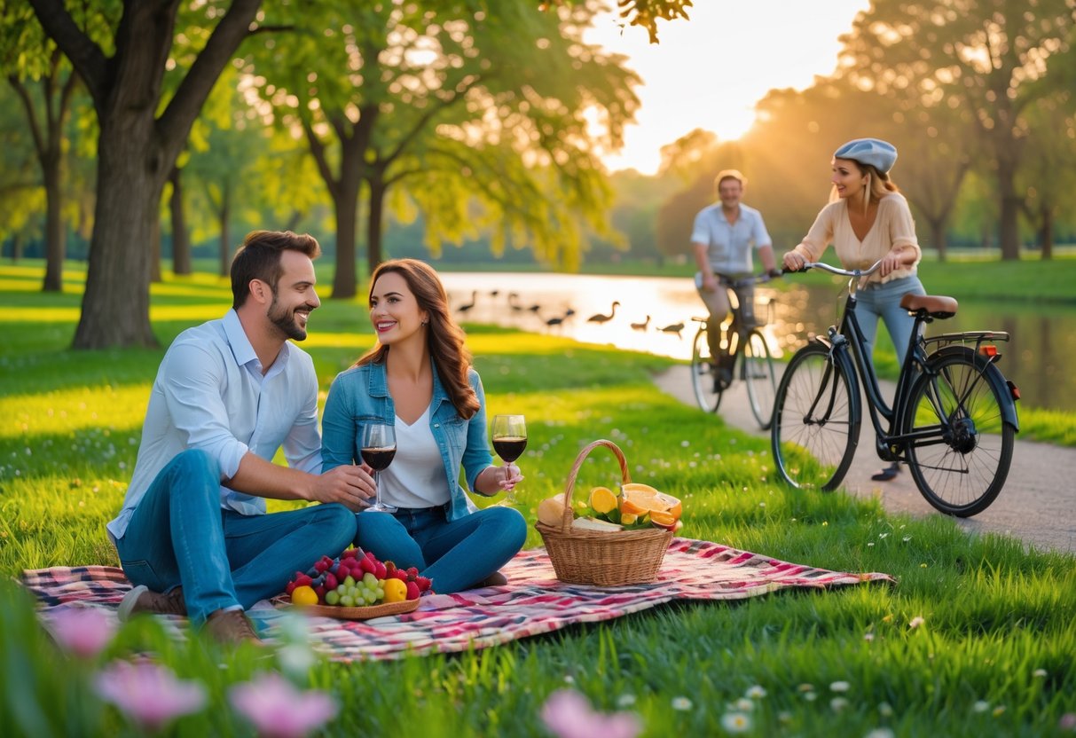 A couple enjoying a picnic and bike ride in a park near a lake during sunset.