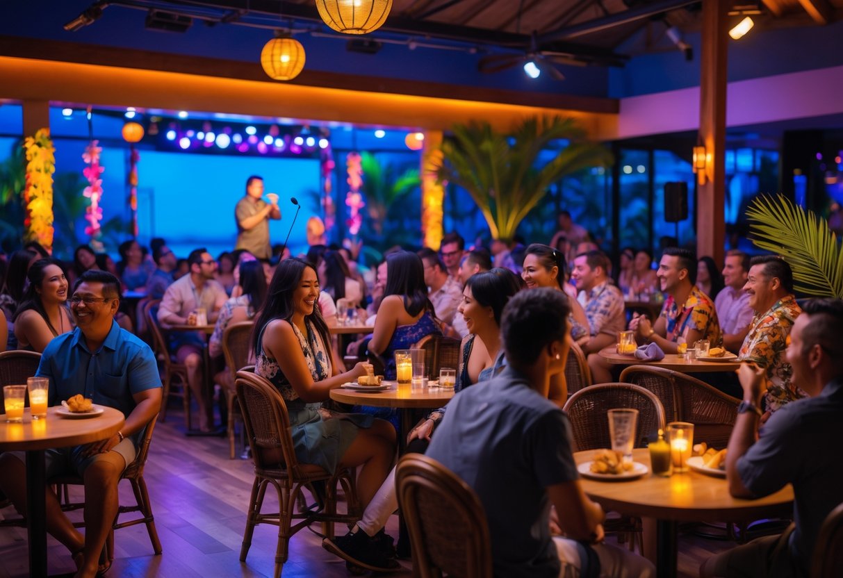 People enjoying a comedy show at a local club with a comedian on stage and an engaged audience seated at tables.