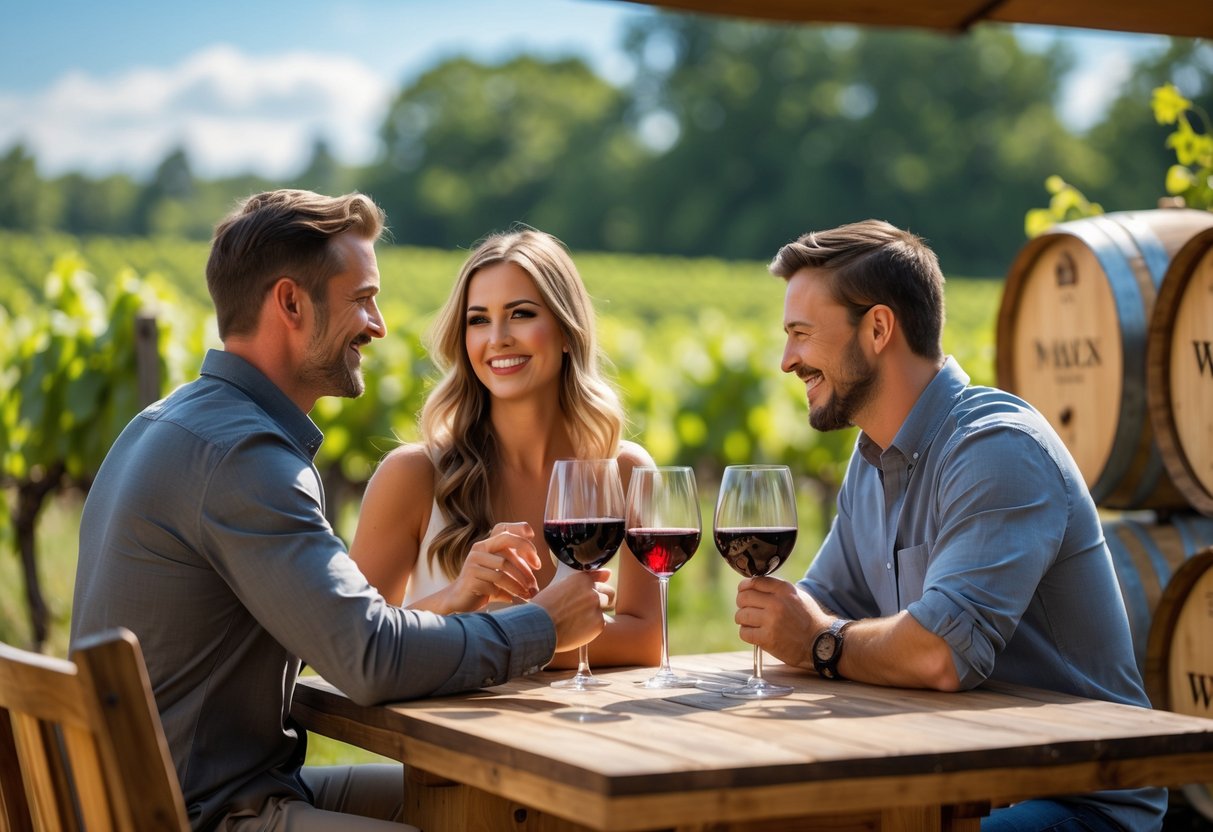 A couple sitting at a wooden table outdoors, tasting wine together at a vineyard with grapevines in the background.