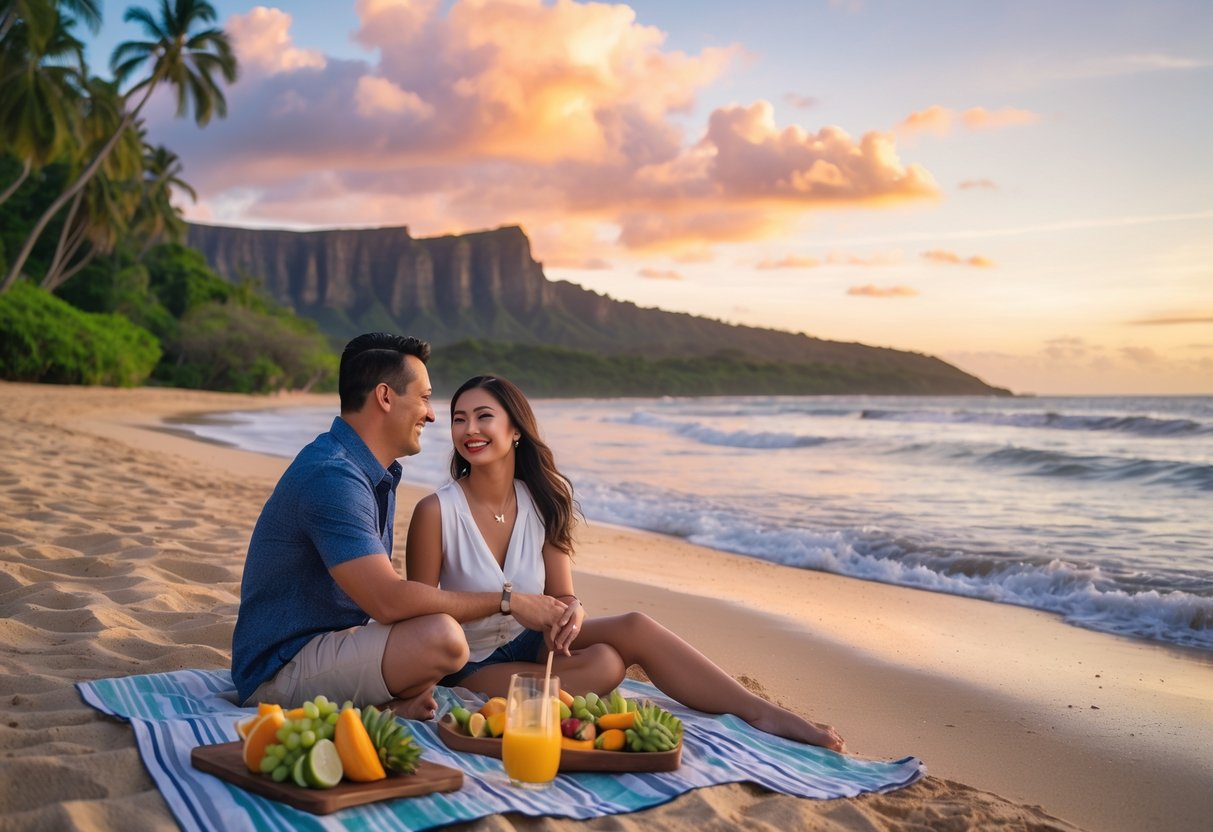 A couple sitting on a picnic blanket on a sandy beach in Oahu during sunset, surrounded by palm trees and tropical scenery.