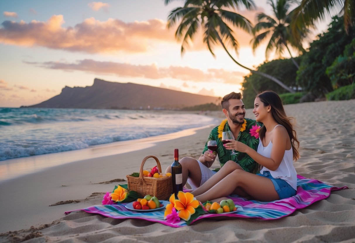 A couple enjoying a sunset picnic on a beach in Oahu with palm trees and Diamond Head crater in the background.