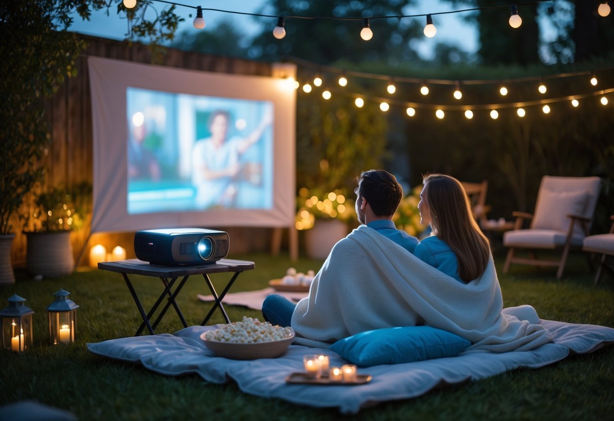 A couple sitting on a blanket watching a movie projected outdoors at dusk with string lights and snacks nearby.