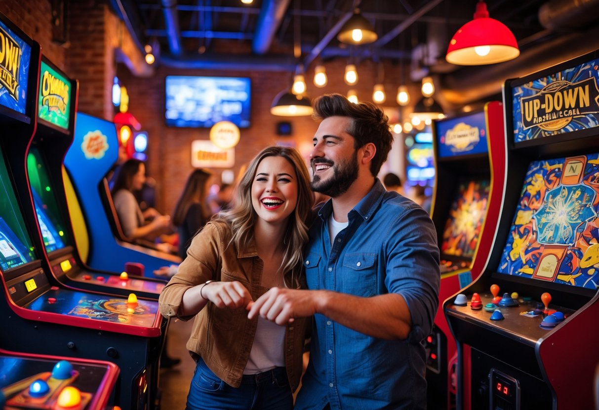 A young couple playing arcade games together in a lively indoor arcade bar setting.