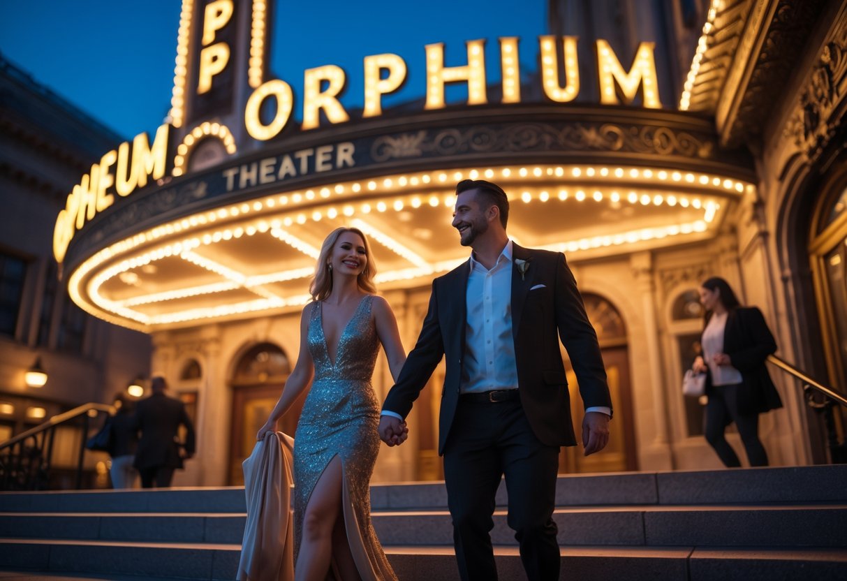 A couple dressed elegantly walking up the steps of the Orpheum Theater in Omaha at night.