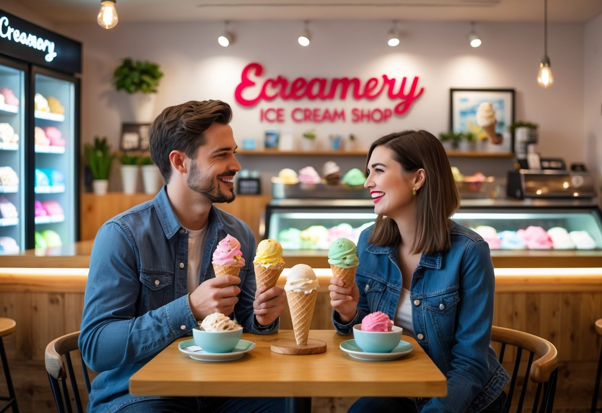 A couple enjoying ice cream together inside an ice cream shop.