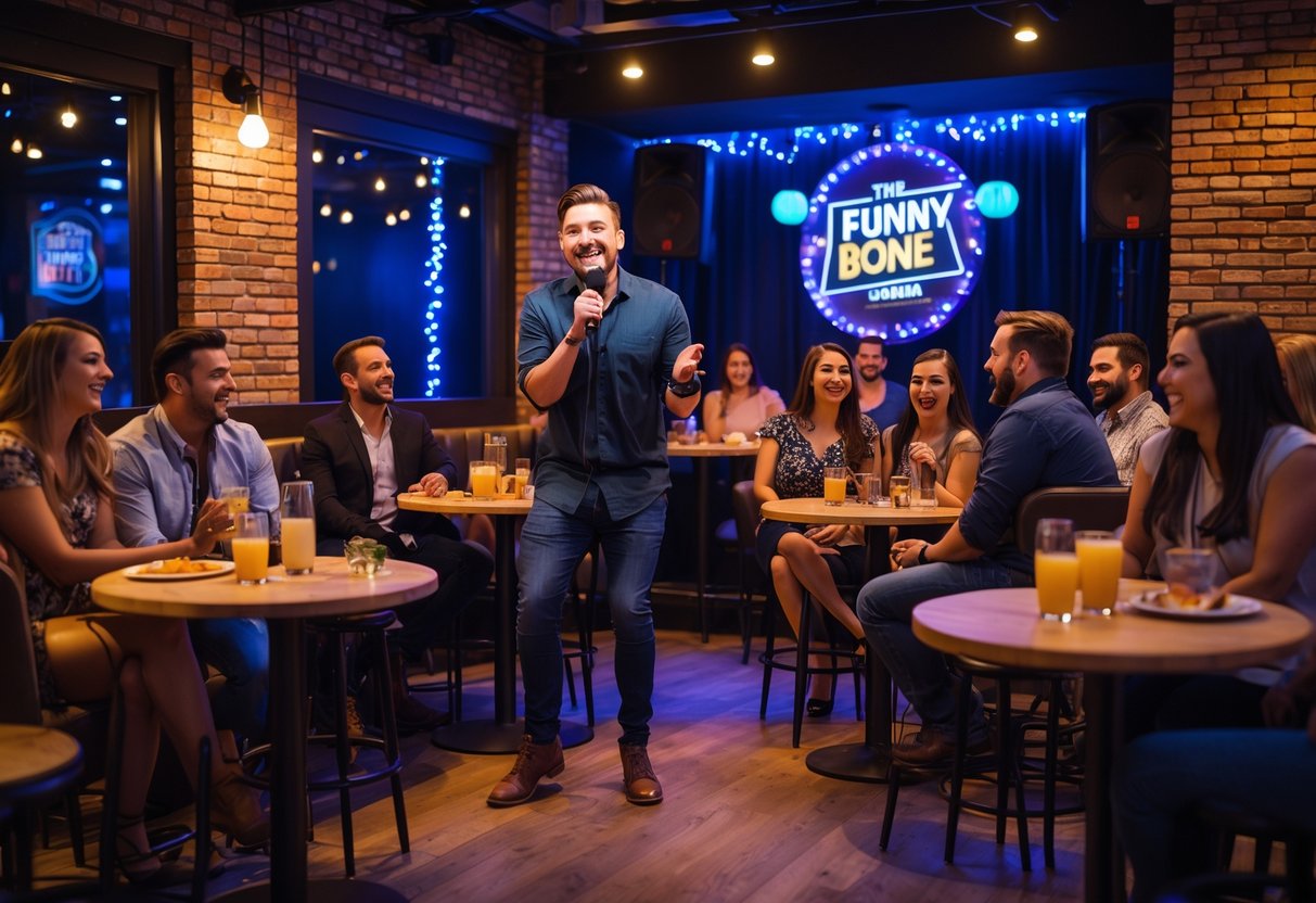 Couples and friends enjoying a comedy show at a cozy club with a comedian performing on stage.