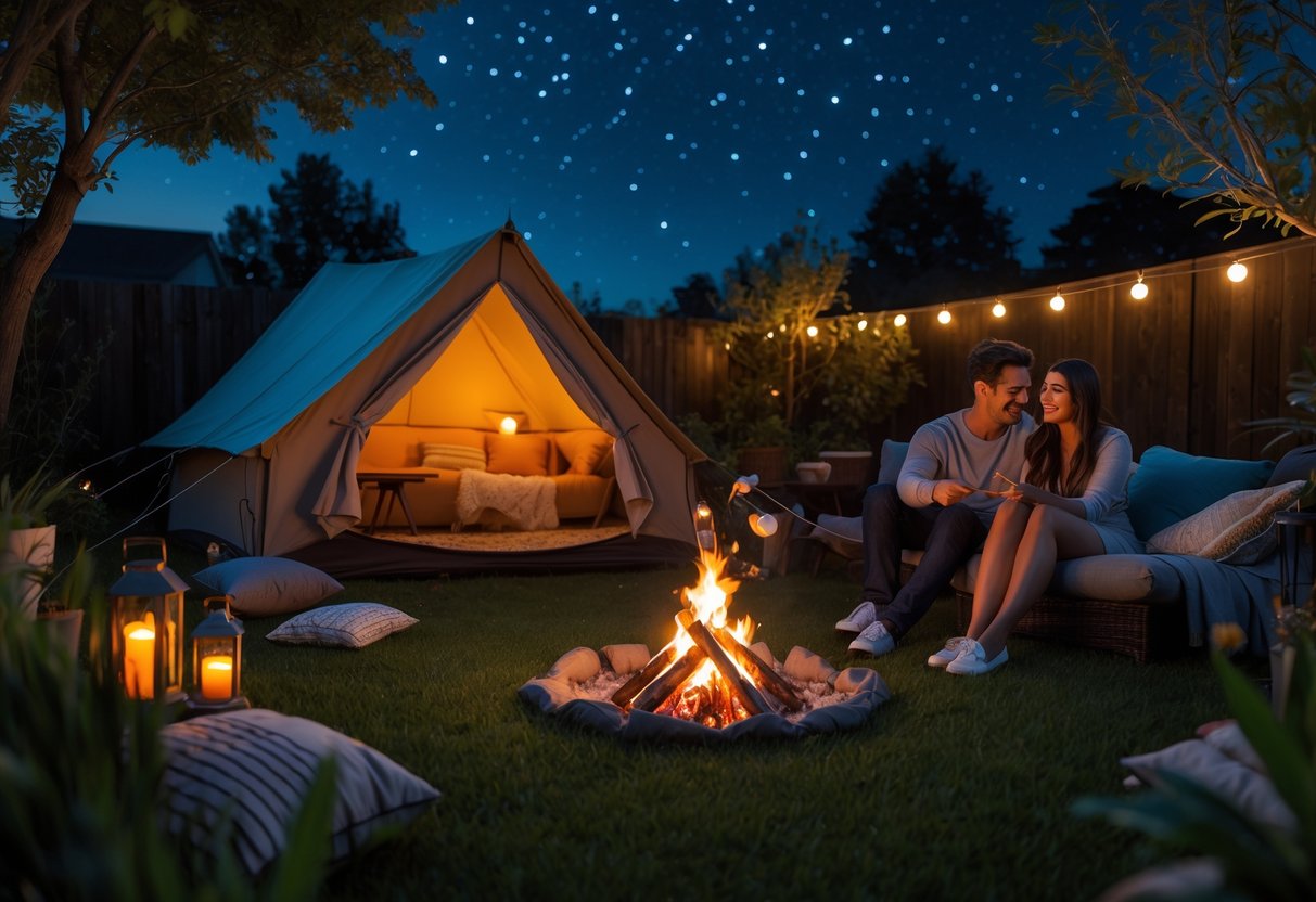 A couple sitting by a campfire in a backyard at night with a tent and stars overhead.