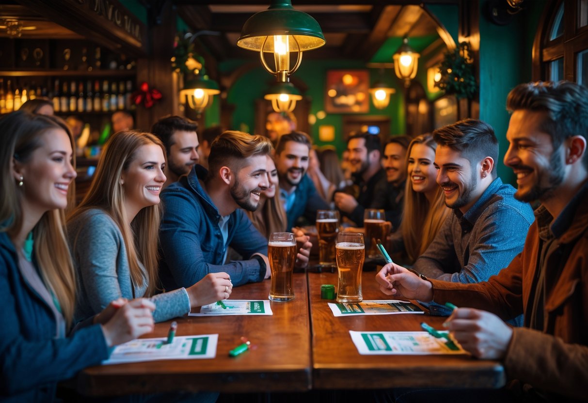 People enjoying trivia night at a cozy pub, sitting at wooden tables with drinks and snacks, engaged in friendly competition.