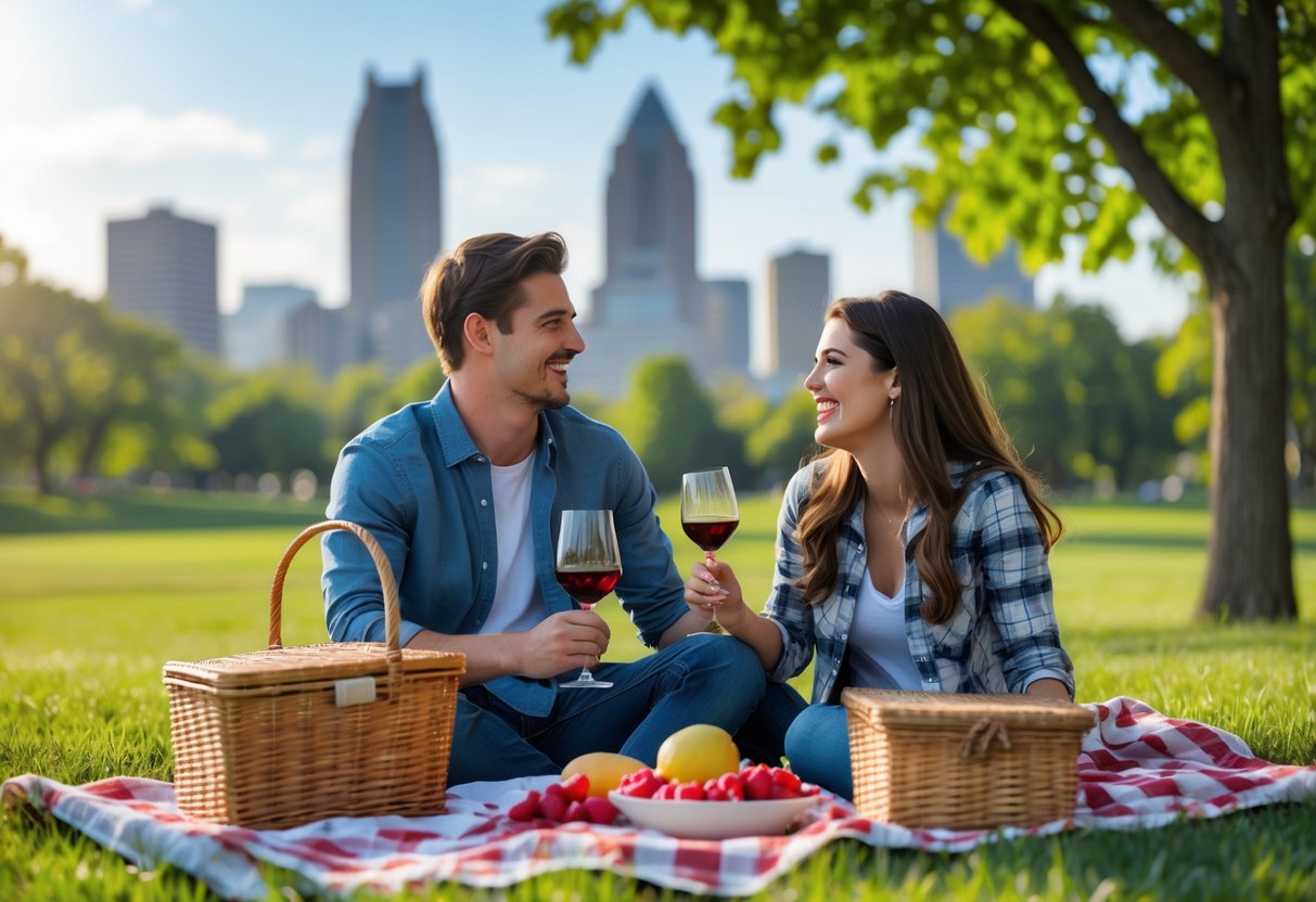 A young couple enjoying a picnic together in a park with the Omaha city skyline in the background.