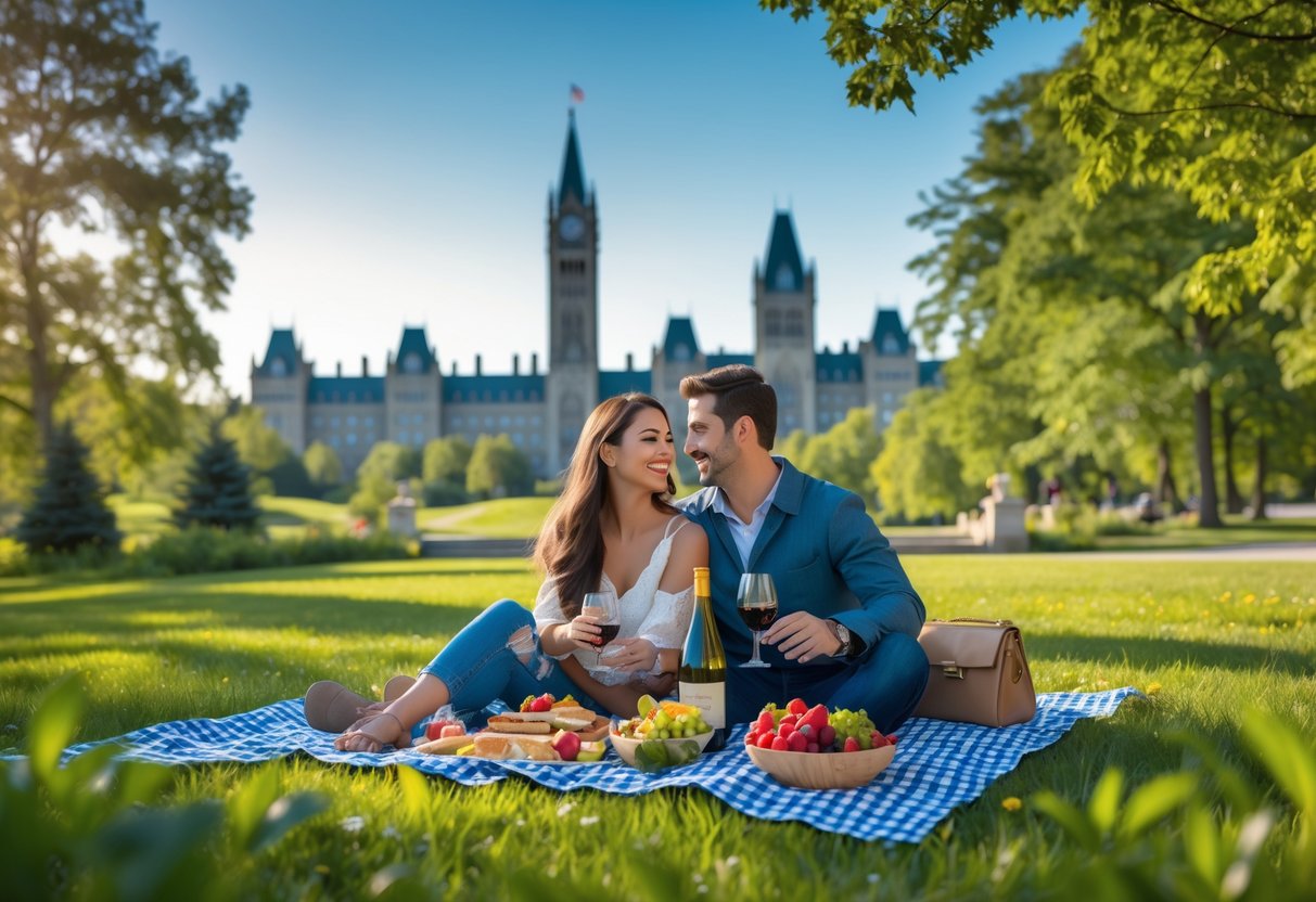 A couple enjoying a picnic on a blanket in a green park with Ottawa landmarks visible in the background.