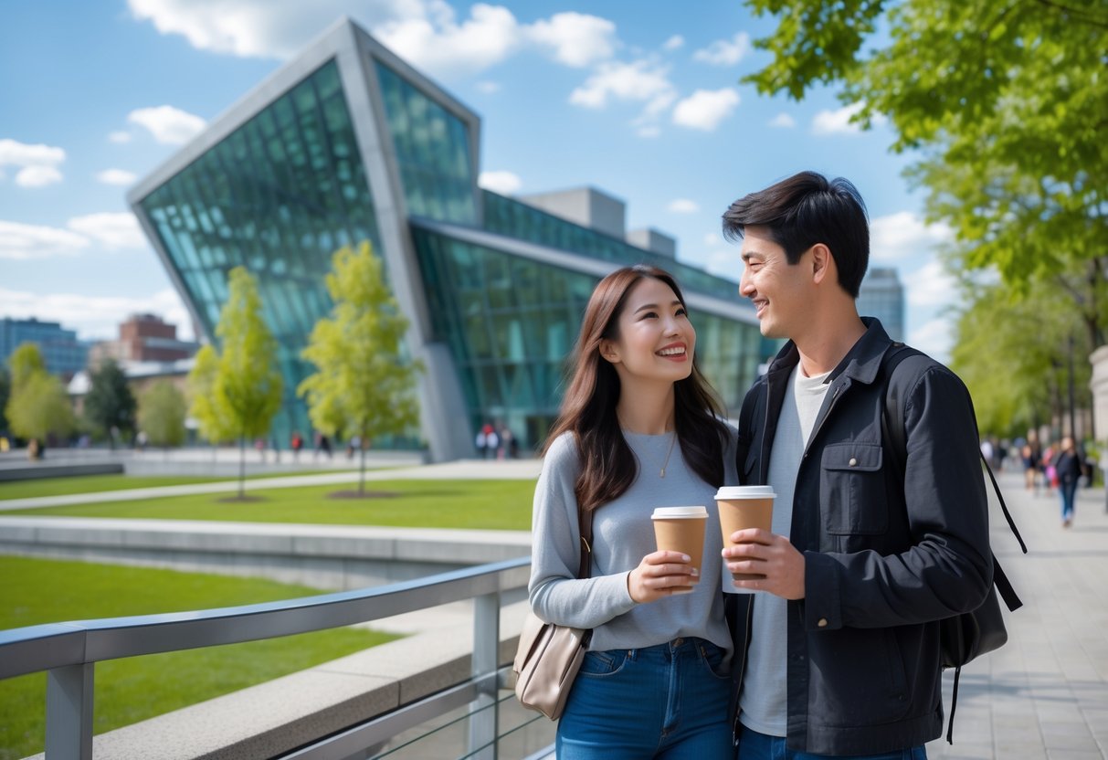 A young couple enjoying a visit outside the National Gallery of Canada in Ottawa on a sunny day.