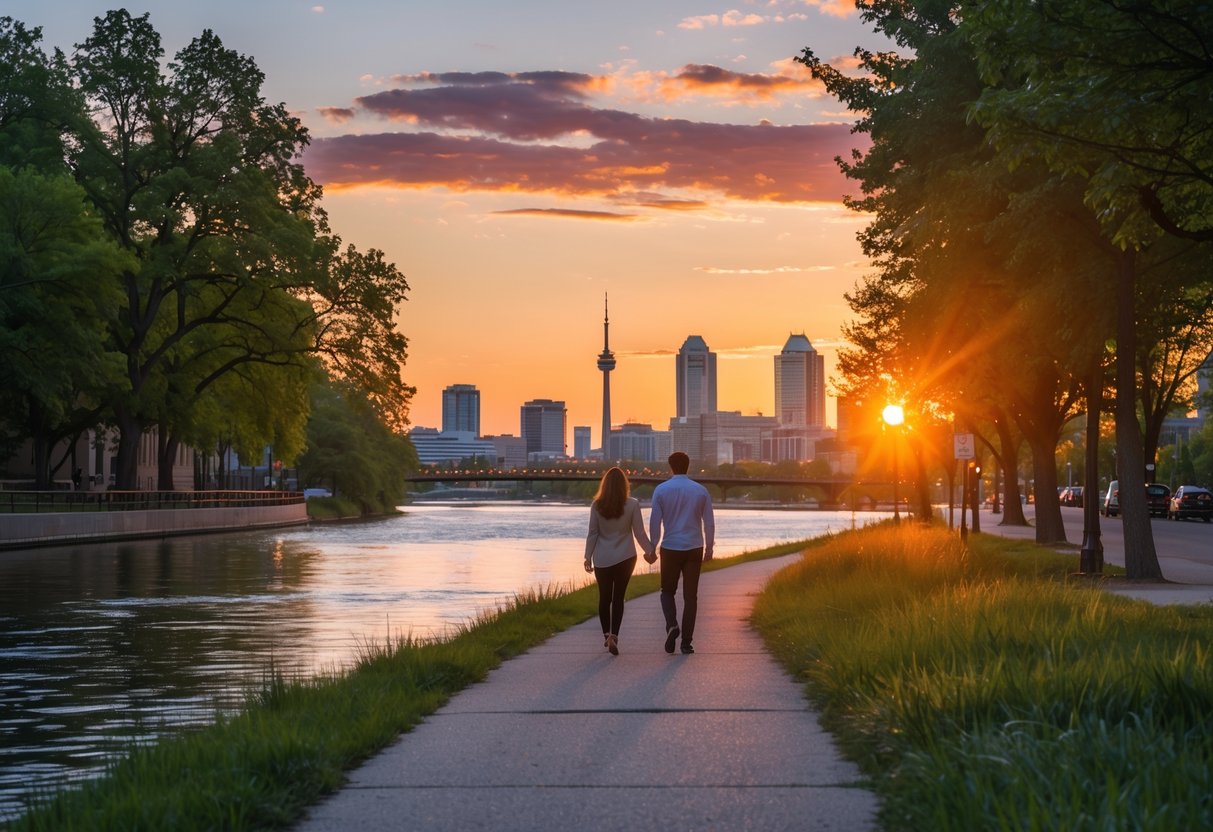 A couple walking hand in hand along a riverside pathway at sunset with trees and a city skyline in the background.