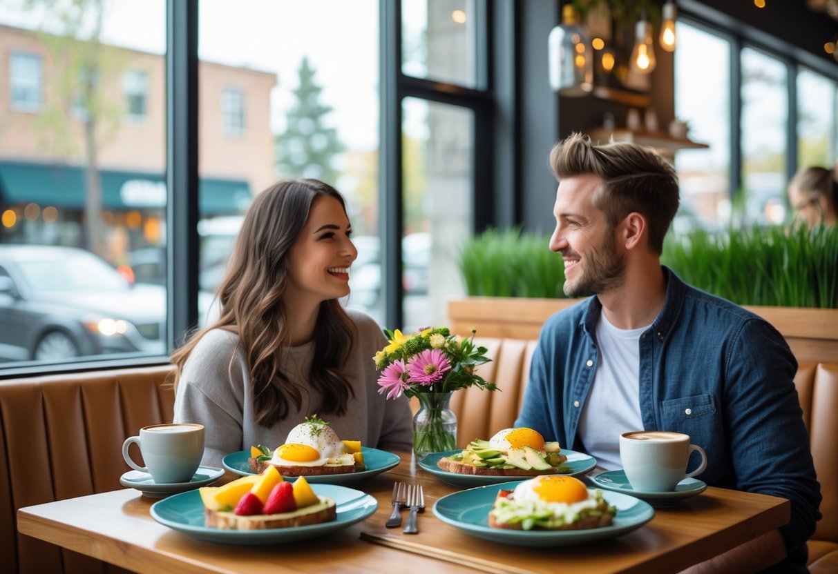 A young couple enjoying brunch together at a cozy cafe table with plates of food and coffee.