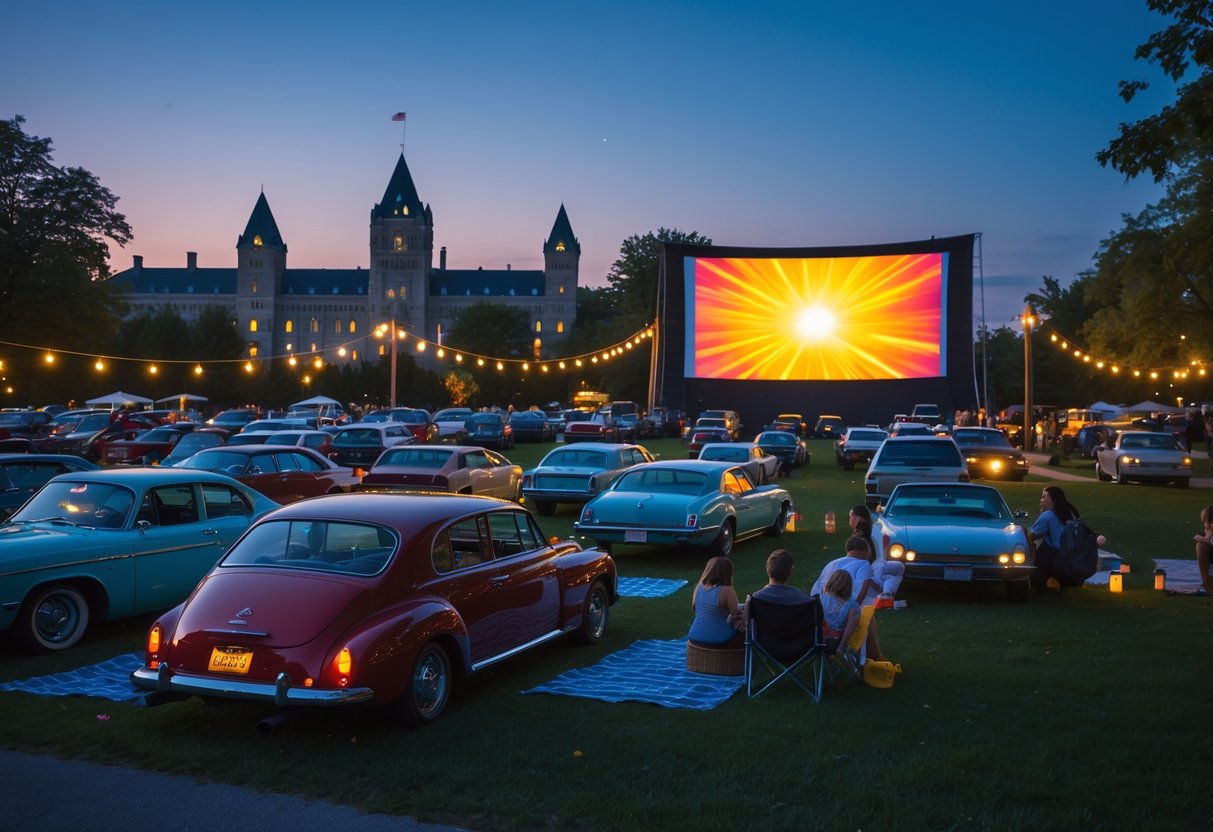 Couples and groups watching a movie from their cars at a drive-in theater in Lansdowne Park, Ottawa, during the evening.