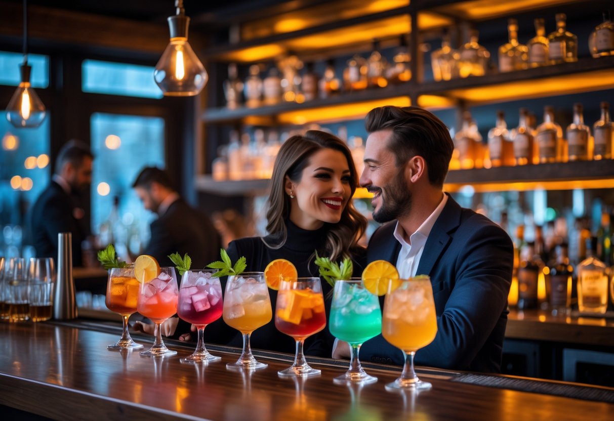 A couple enjoying a cocktail tasting together at a warmly lit bar with drinks and bottles in the background.