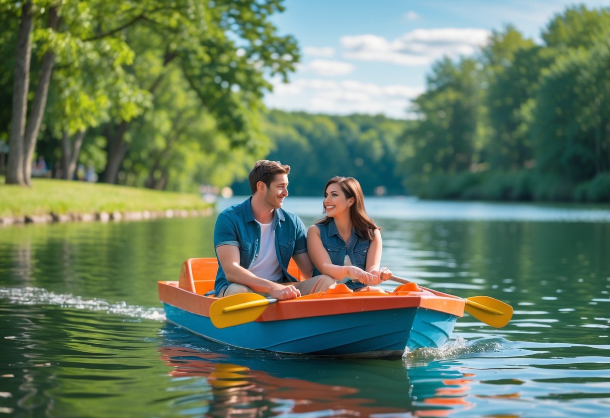 A young couple enjoying a paddle boat ride together on a calm lake surrounded by trees.