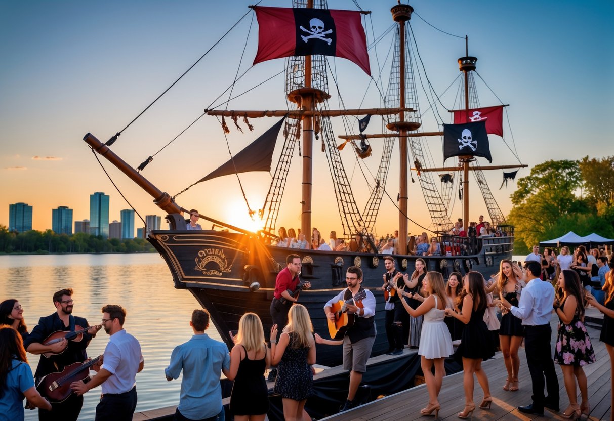 Couples enjoying a live concert on a pirate ship at sunset near Ottawa with the city skyline in the background.