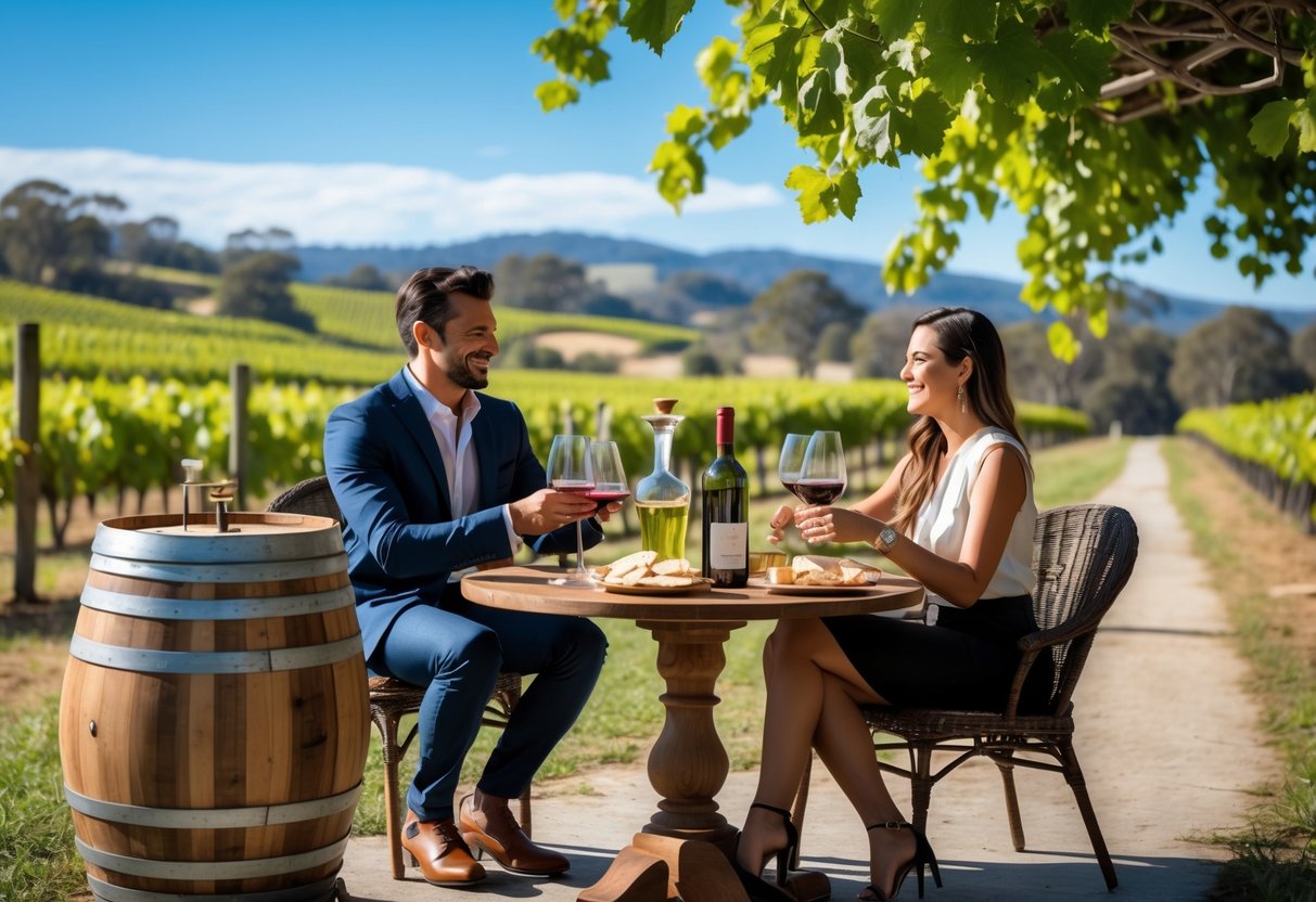 A couple enjoying wine tasting outdoors at a vineyard in Swan Valley with grapevines and hills in the background.