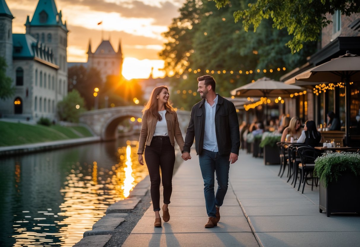 A couple walking hand in hand along a canal in Ottawa with historic buildings and greenery in the background during sunset.