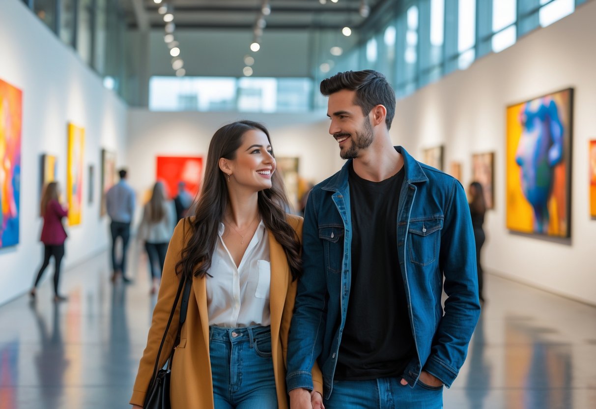 A young couple walking hand-in-hand inside an art gallery, looking at paintings and sculptures.
