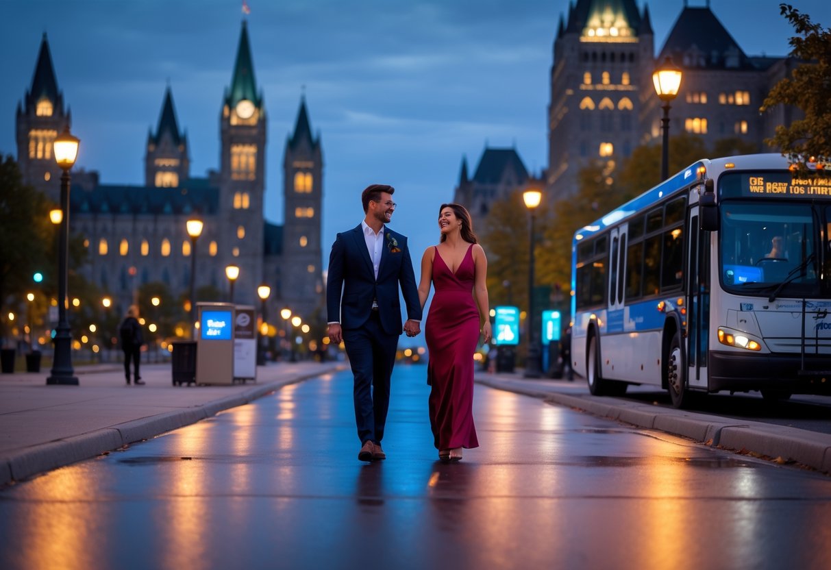 A couple walking hand in hand along a city street at dusk with a public transit bus nearby and Ottawa landmarks in the background.