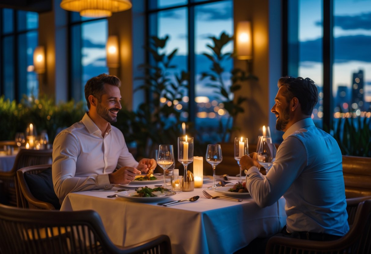 A couple enjoying a romantic dinner at a stylish restaurant with a city view at twilight.