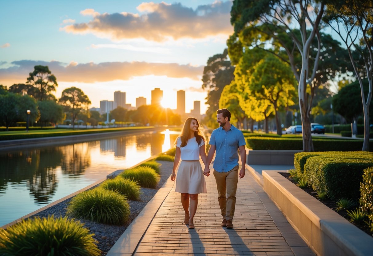 A couple walking hand in hand along a waterfront path with trees and city skyline in the background at sunset.