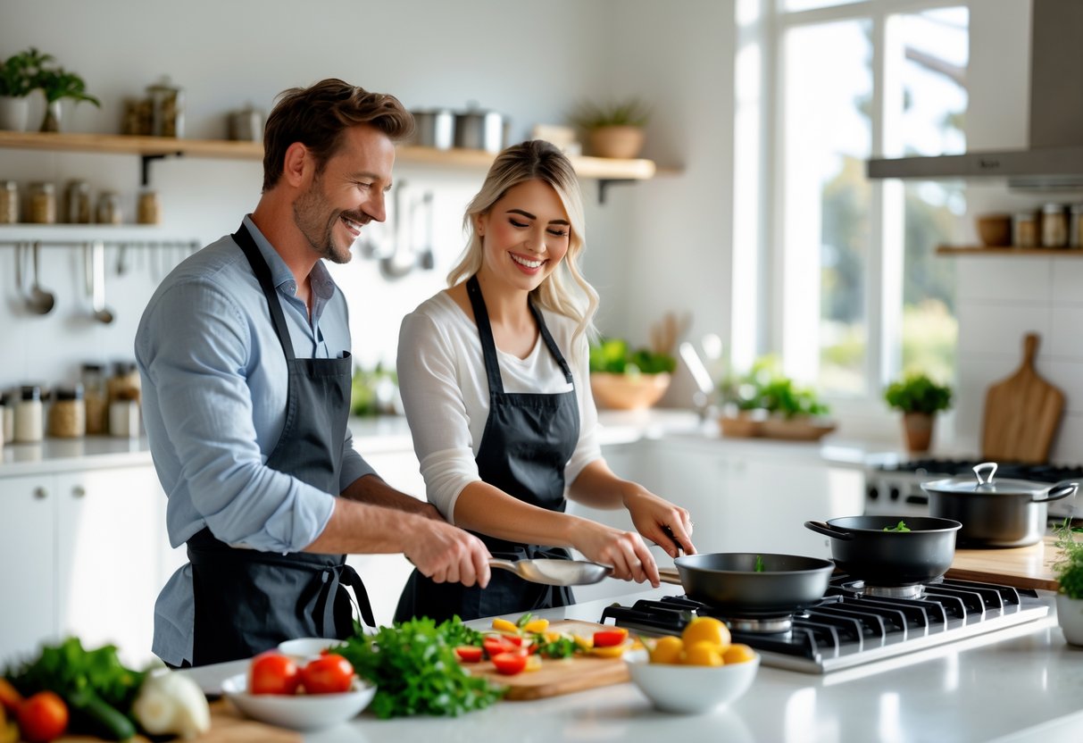 A couple cooking together in a bright kitchen, smiling and preparing food side by side.