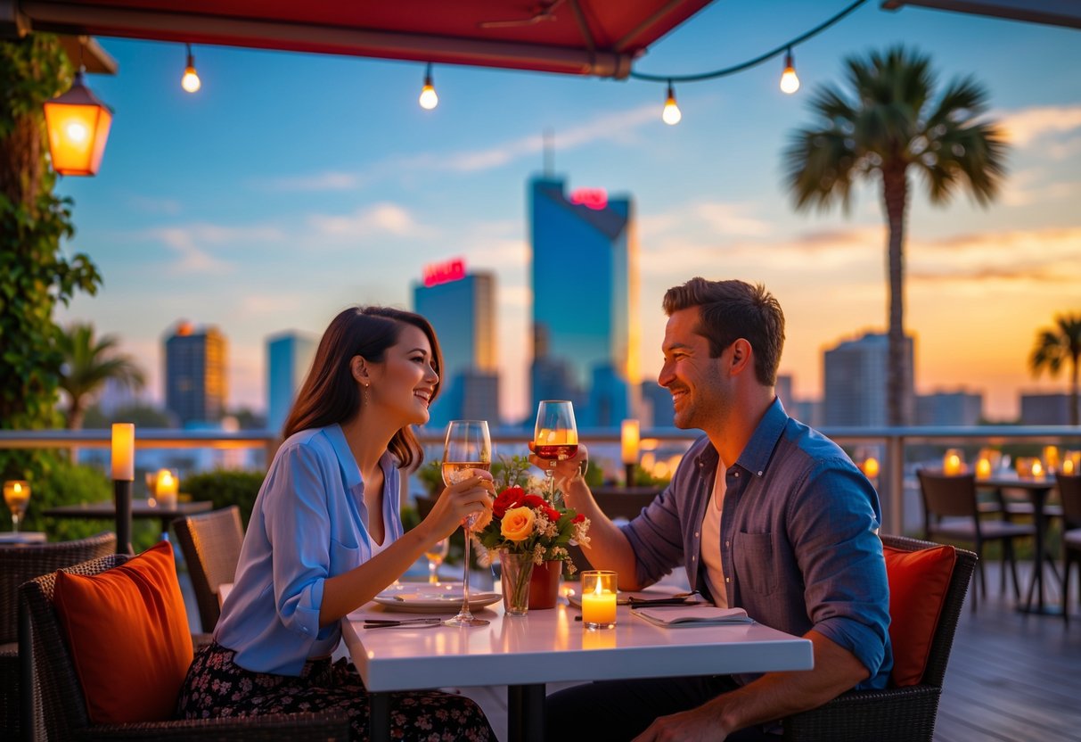 A young couple having dinner together at a rooftop restaurant with a city skyline and palm trees in the background.