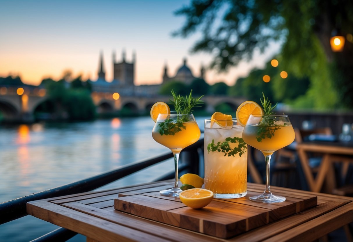 A wooden table set with two craft cocktails by a river in Oxford with historic buildings and greenery in the background.