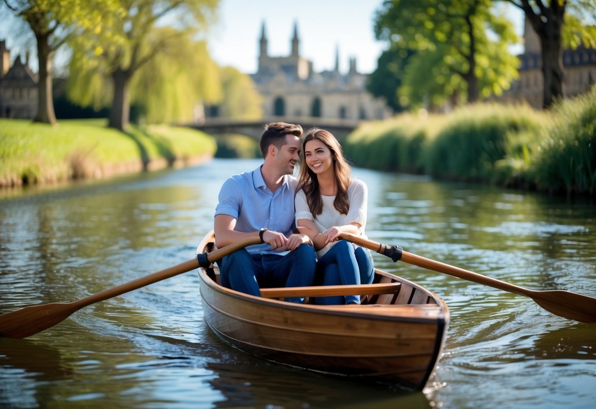 A young couple sitting together in a rowing boat on a calm river with green trees and historic buildings in the background.