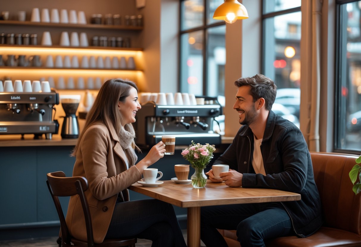 A young couple enjoying coffee together at a small table inside a cozy espresso bar.