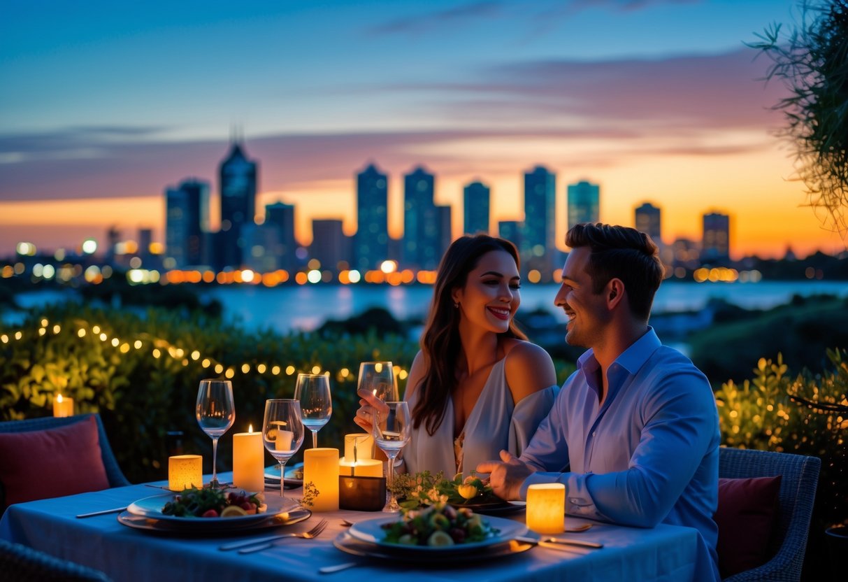 A couple enjoying an outdoor dinner at sunset with the Perth city skyline in the background.