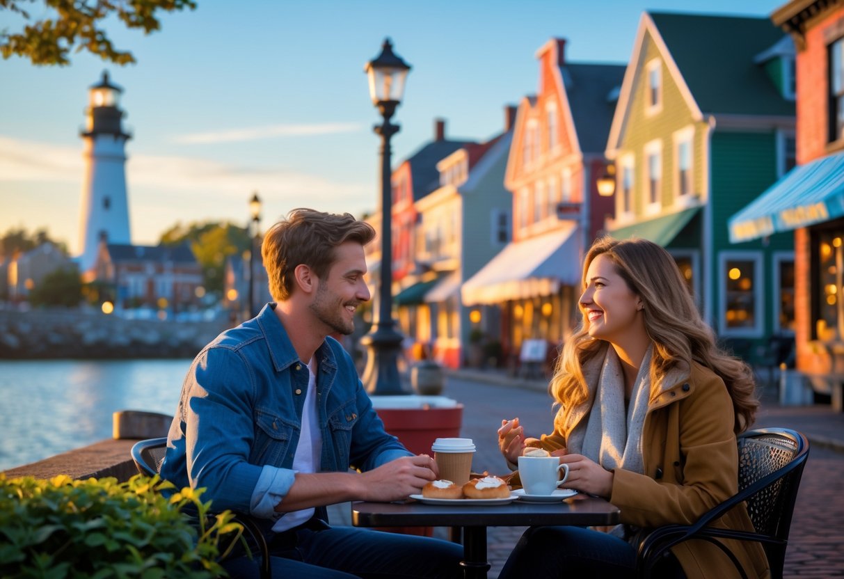 A young couple sitting at an outdoor café near the waterfront in Portland, Maine, with a lighthouse and historic buildings in the background.