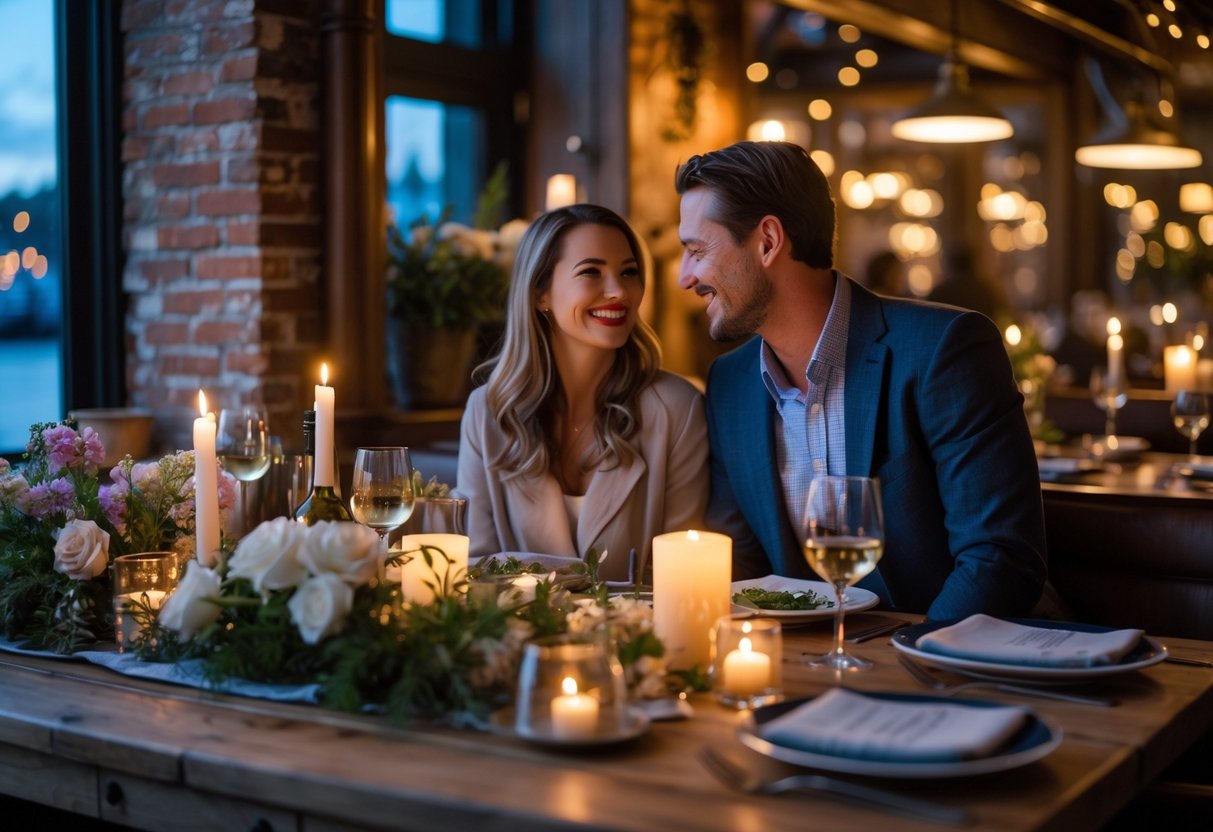 A couple enjoying a romantic dinner at a cozy restaurant with warm lighting and rustic decor.