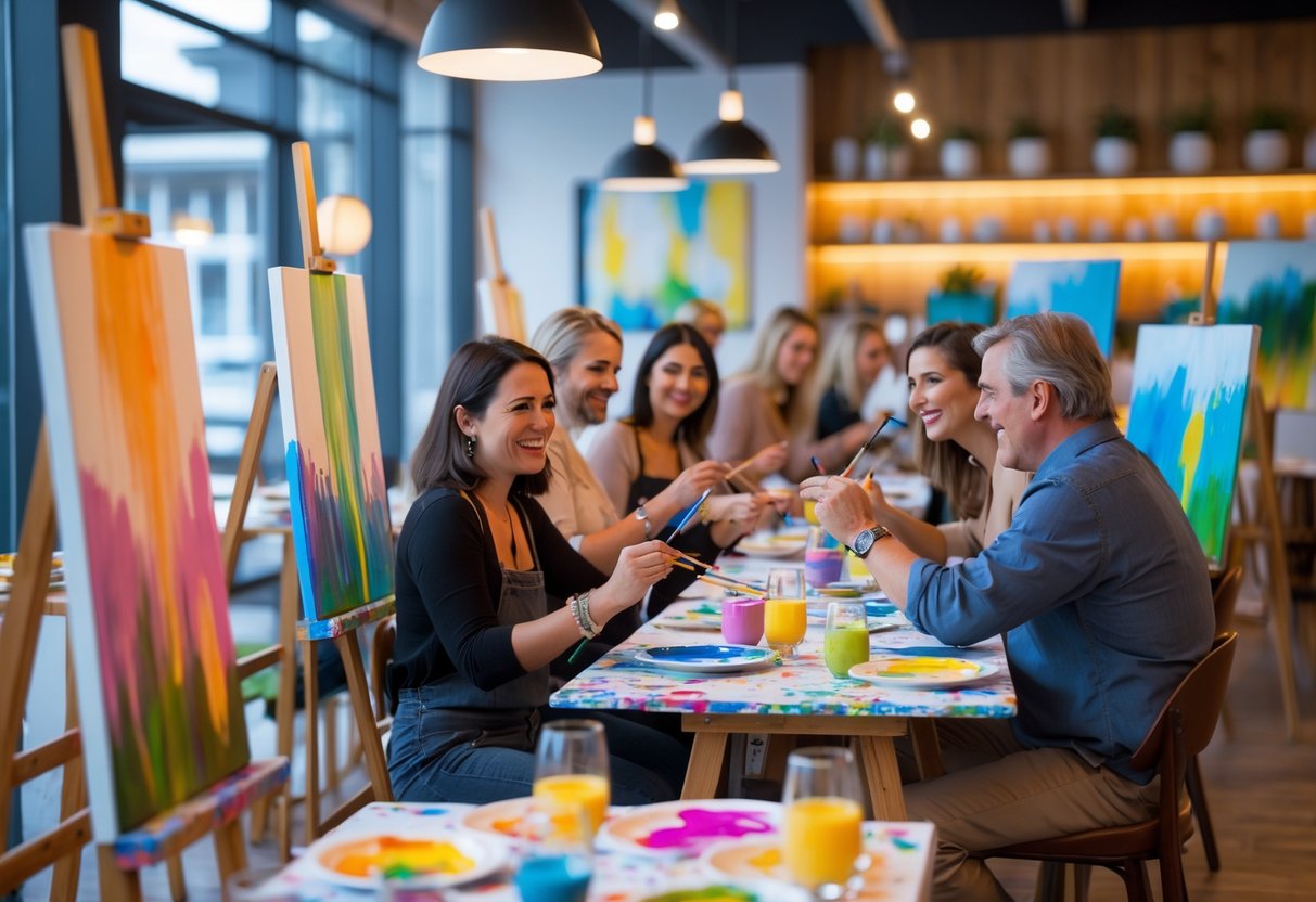 A group of people painting on canvases together in a bright, cozy art studio with art supplies and drinks on the tables.