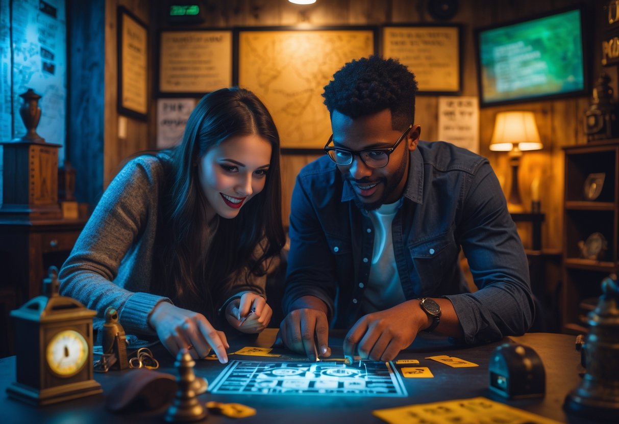 A young couple working together to solve puzzles in an escape room filled with mysterious props and dim lighting.