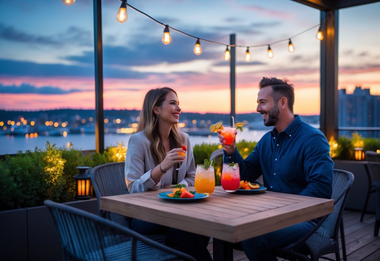 A couple enjoying drinks together on a rooftop terrace overlooking a city skyline and waterfront at sunset.
