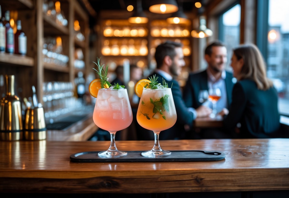 Two colorful craft cocktails on a wooden bar counter with a couple enjoying a date in a warmly lit cocktail bar.