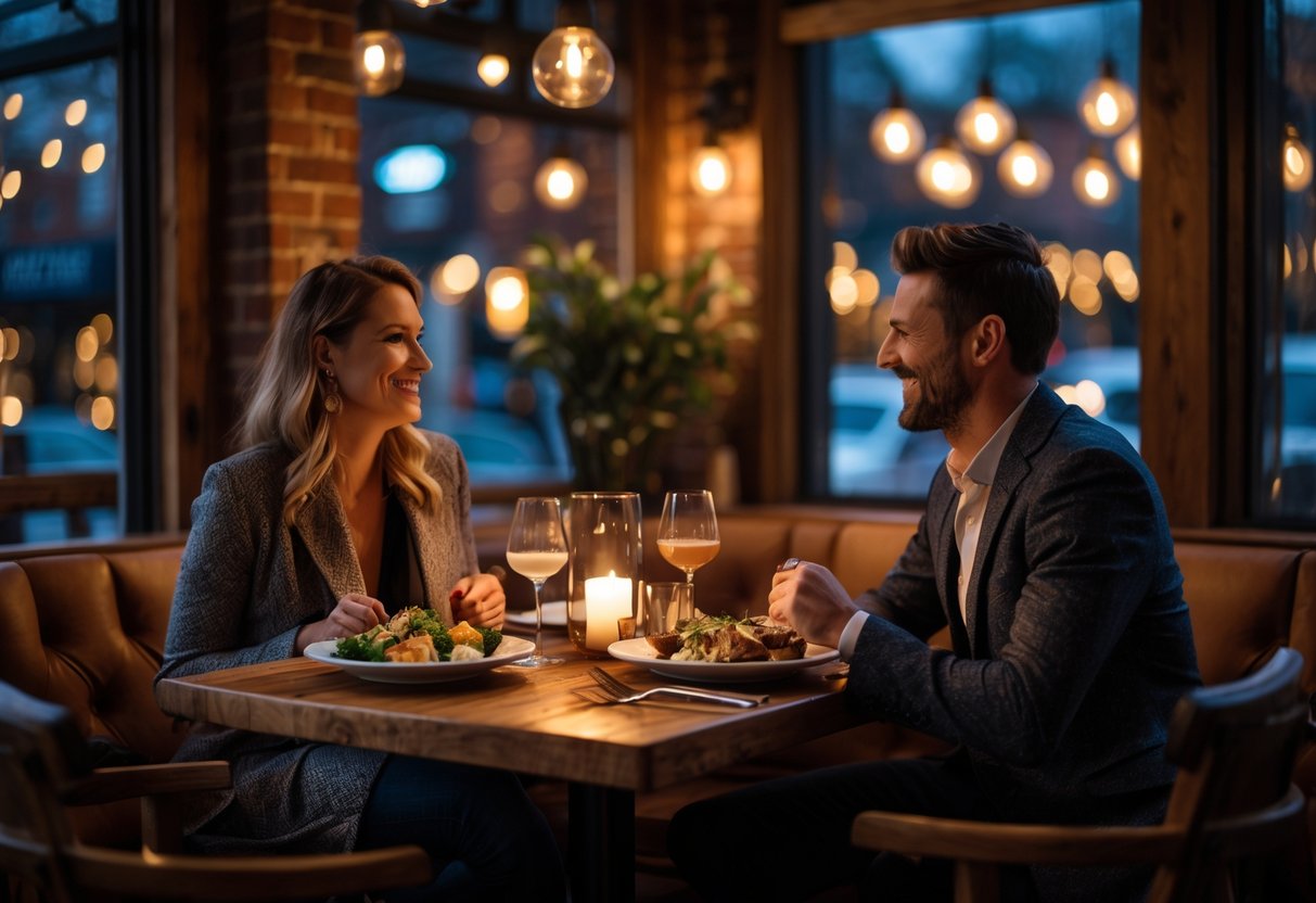 A couple enjoying dinner and drinks together at a warmly lit restaurant table.