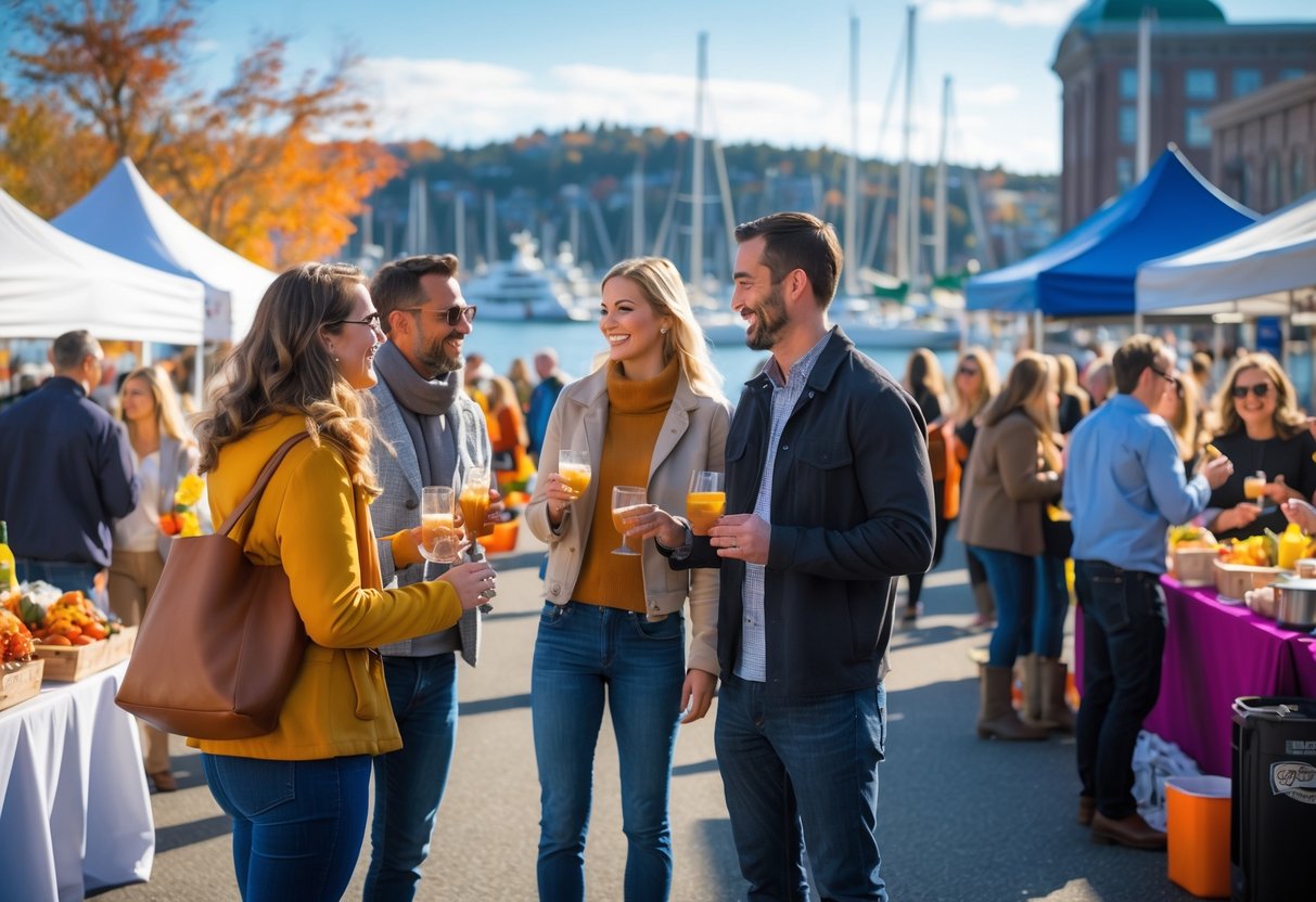 Couples enjoying an outdoor autumn festival by the harbor with food stalls, boats, and live music in Portland, Maine.