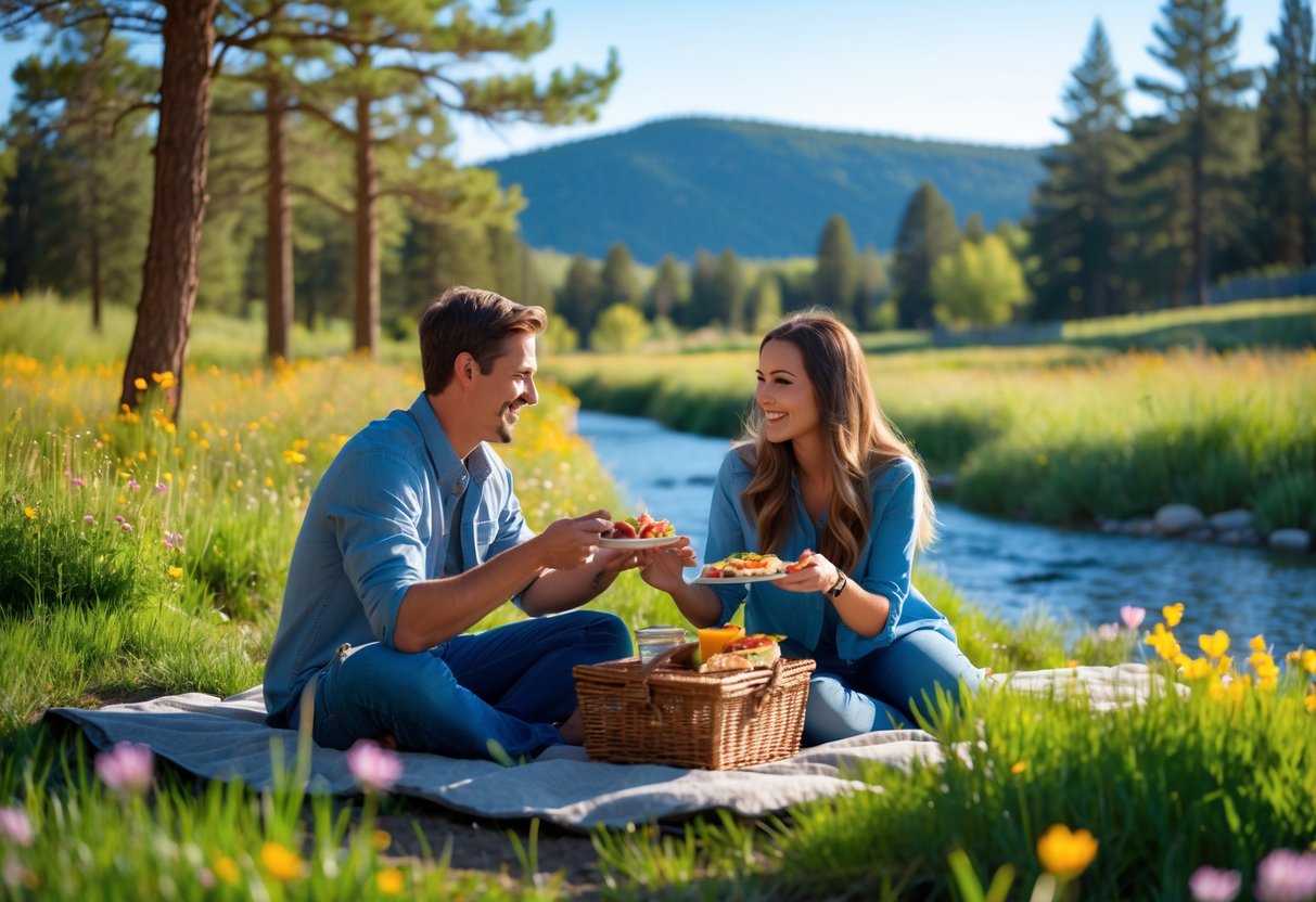 A young couple having a picnic outdoors near the Black Hills with trees and a stream in the background.