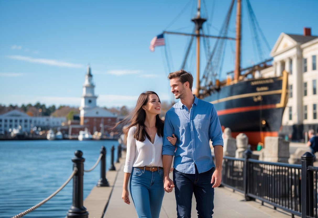 A couple walking and talking near historic ships at a maritime museum waterfront in Portland, Maine on a sunny day.