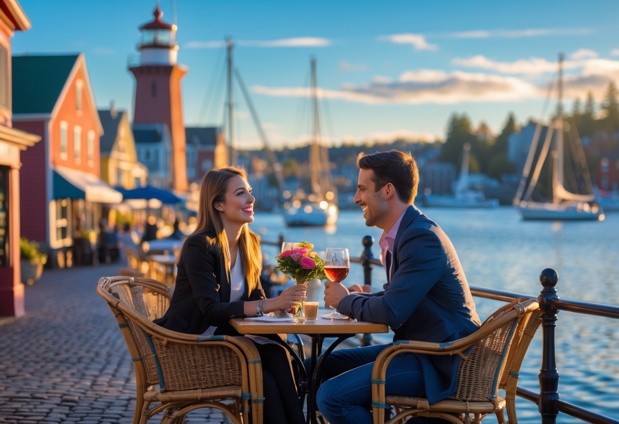 A couple enjoying a romantic outdoor date near the waterfront with a lighthouse and sailboats in the background.