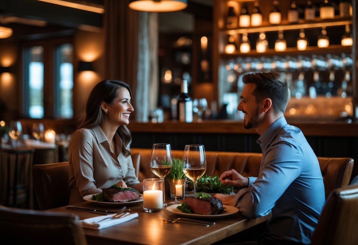 A couple enjoying a romantic dinner at a cozy steakhouse with warm lighting and elegant table settings.