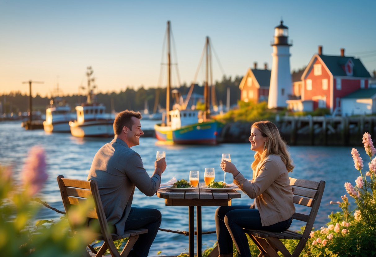A couple enjoying a romantic outdoor date by the waterfront in Portland, Maine, with boats and a lighthouse in the background.