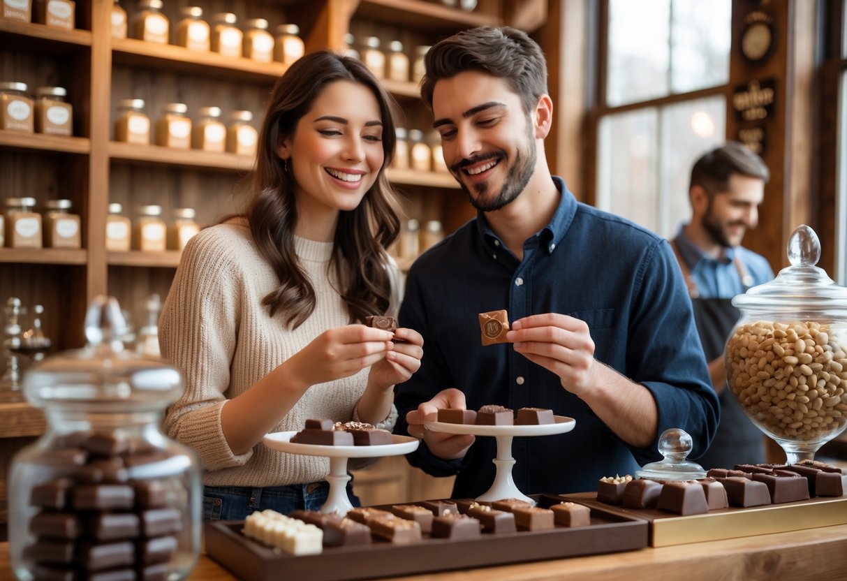 A young couple sampling chocolates together inside a cozy chocolate shop.
